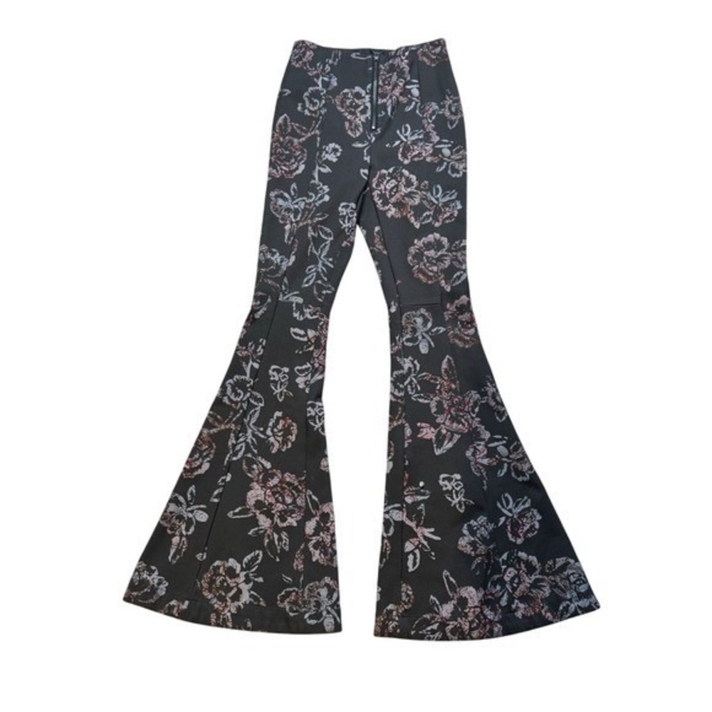 Free People Just Float On Flare Jeans Black Floral Print Bell Bottoms‎ Size 2
